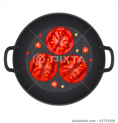 Grilled red tomato sliced slices in a pan with 63724206