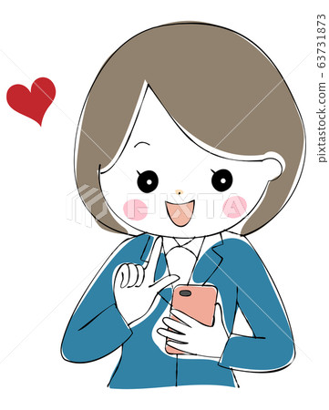 一個穿著愉快地操作智能手機的西裝的年輕女子 一個穿著愉快地操作智能手機的西裝的年輕女子 63731873