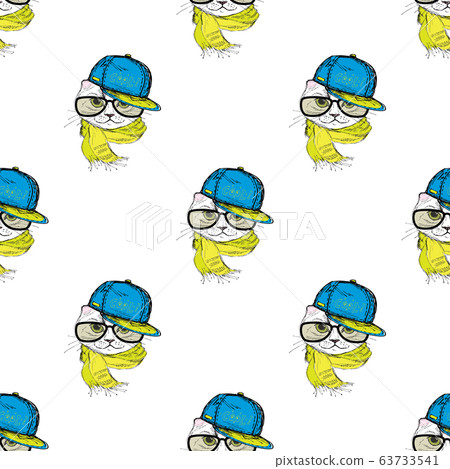 Seamless pattern Funny fashion cat in a cap,scarf Seamless pattern Funny fashion cat in a cap,scarf 63733541