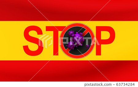 Design with Spain flag silhouette, stop text and abstract coronavirus element silhouette. Asian flu symbol. Prevention of viral infections. Design with Spain flag silhouette, stop text and abstract coronavirus element silhouette. Asian flu symbol. Prevention of viral infections. 63734284