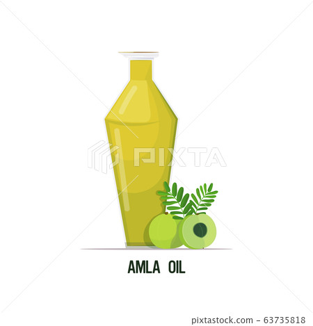 fresh amla oil glass bottle with green berries and leaves isolated on white background 63735818