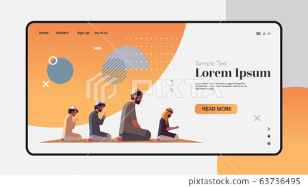 religious muslim men kneeling and praying on carpet ramadan kareem holy month religion concept full length horizontal copy space 63736495