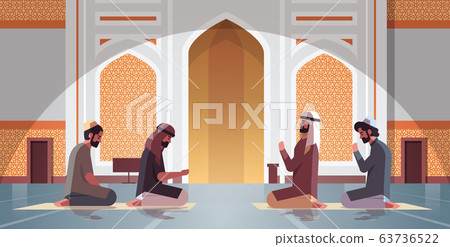 religious muslim men kneeling and praying inside nabawi mosque ramadan kareem holy month religion concept full length horizontal 63736522