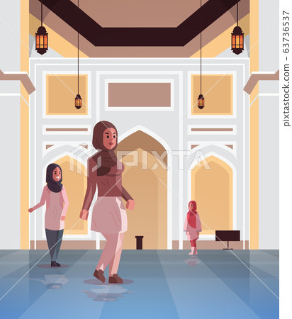 arab women coming to nabawi mosque building muslim religion concept arabic people in traditional clothes ramadan kareem holy month flat full length vertical 63736537