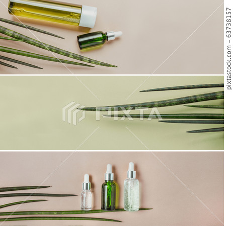 Organic, natural cosmetics, serum for hair care. Flat lay, pastel. Collection photo banner Organic, natural cosmetics, serum for hair care. Flat lay, pastel. Collection photo banner 63738157