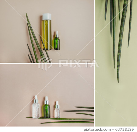Organic, natural cosmetics, serum for hair care. Flat lay, pastel. Collection photo banner Organic, natural cosmetics, serum for hair care. Flat lay, pastel. Collection photo banner 63738159
