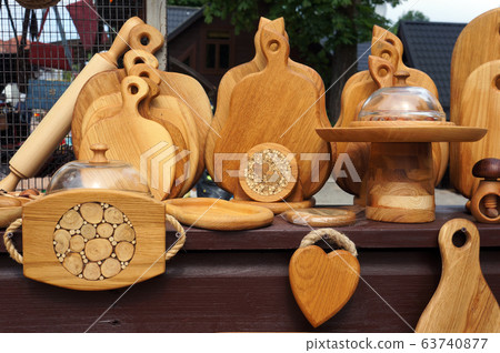 Handicraft kitchenware. Handmade wooden goods. Handicraft kitchenware. Handmade wooden goods. 63740877