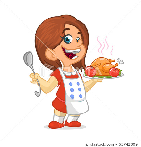 Cartoon cute little girl in apron serving roasted thanksgiving turkey dish  63742009
