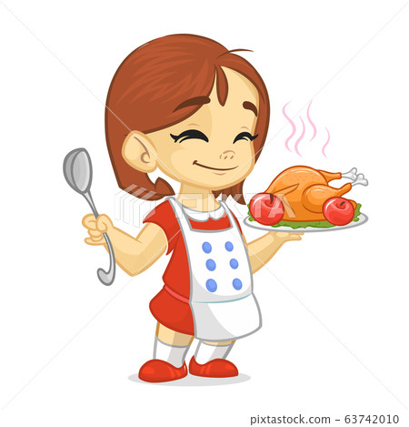 Cartoon cute little girl in apron serving roasted thanksgiving turkey dish  63742010