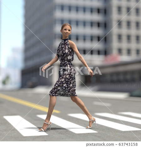 A woman crossing a pedestrian crossing perming3DCG illustration material 63743158