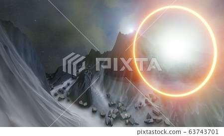 Abstract background of mountains and orange neon circle 63743701