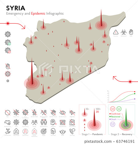 Map of Syria Epidemic and Quarantine Emergency Infographic Template. Editable Line icons for Pandemic Statistics. Vector illustration of Virus, Coronavirus, Epidemiology protection. Isolated Map of Syria Epidemic and Quarantine Emergency Infographic Template. Editable Line icons for Pandemic Statistics. Vector illustration of Virus, Coronavirus, Epidemiology protection. Isolated 63746191