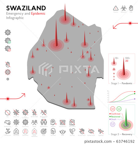 Map of Swaziland Epidemic and Quarantine Emergency Infographic Template. Editable Line icons for Pandemic Statistics. Vector illustration of Virus, Coronavirus, Epidemiology protection. Isolated Map of Swaziland Epidemic and Quarantine Emergency Infographic Template. Editable Line icons for Pandemic Statistics. Vector illustration of Virus, Coronavirus, Epidemiology protection. Isolated 63746192