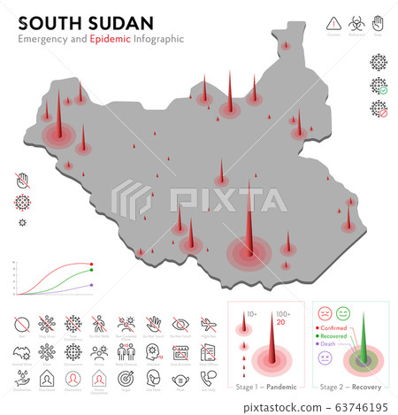 Map of South Sudan Epidemic and Quarantine Emergency Infographic Template. Editable Line icons for Pandemic Statistics. Vector illustration of Virus, Coronavirus, Epidemiology protection. Isolated Map of South Sudan Epidemic and Quarantine Emergency Infographic Template. Editable Line icons for Pandemic Statistics. Vector illustration of Virus, Coronavirus, Epidemiology protection. Isolated 63746195