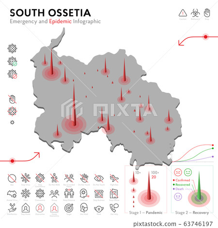 Map of South Ossetia Epidemic and Quarantine Emergency Infographic Template. Editable Line icons for Pandemic Statistics. Vector illustration of Virus, Coronavirus, Epidemiology protection. Isolated Map of South Ossetia Epidemic and Quarantine Emergency Infographic Template. Editable Line icons for Pandemic Statistics. Vector illustration of Virus, Coronavirus, Epidemiology protection. Isolated 63746197