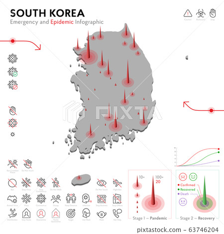 Map of South Korea Epidemic and Quarantine Emergency Infographic Template. Editable Line icons for Pandemic Statistics. Vector illustration of Virus, Coronavirus, Epidemiology protection. Isolated Map of South Korea Epidemic and Quarantine Emergency Infographic Template. Editable Line icons for Pandemic Statistics. Vector illustration of Virus, Coronavirus, Epidemiology protection. Isolated 63746204