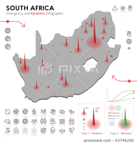 Map of South Africa Epidemic and Quarantine Emergency Infographic Template. Editable Line icons for Pandemic Statistics. Vector illustration of Virus, Coronavirus, Epidemiology protection. Isolated Map of South Africa Epidemic and Quarantine Emergency Infographic Template. Editable Line icons for Pandemic Statistics. Vector illustration of Virus, Coronavirus, Epidemiology protection. Isolated 63746206