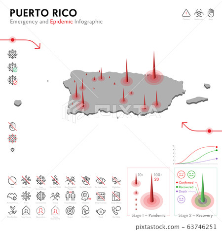 Map of Puerto Rico Epidemic and Quarantine Emergency Infographic Template. Editable Line icons for Pandemic Statistics. Vector illustration of Virus, Coronavirus, Epidemiology protection. Isolated 63746251