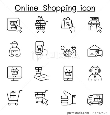 Online shopping icons set in thin line style 63747426