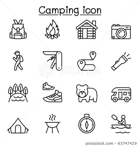 Camping icons set in thin line style 63747429