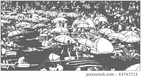 Illustration of crowded summer beach in black and white relief print style Illustration of crowded summer beach in black and white relief print style 63747713