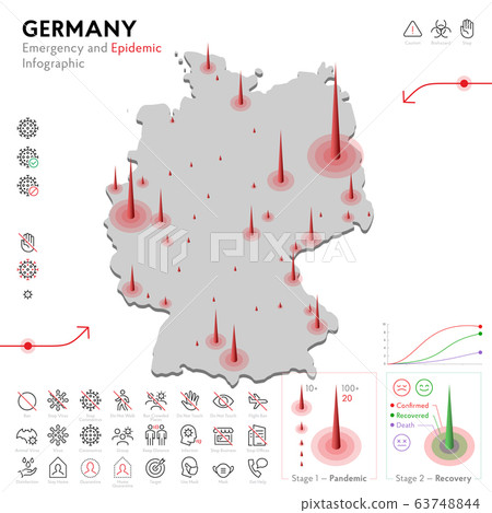 Map of Germany Epidemic and Quarantine Emergency Infographic Template. Editable Line icons for Pandemic Statistics. Vector illustration of Virus, Coronavirus, Epidemiology protection. Isolated Map of Germany Epidemic and Quarantine Emergency Infographic Template. Editable Line icons for Pandemic Statistics. Vector illustration of Virus, Coronavirus, Epidemiology protection. Isolated 63748844