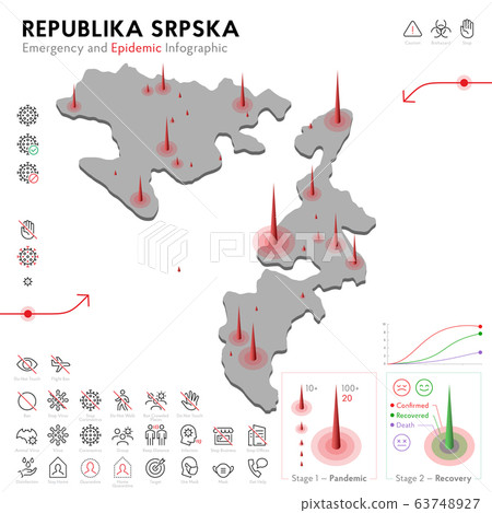 Map of Republika Srpska Epidemic and Quarantine Emergency Infographic Template. Editable Line icons for Pandemic Statistics. Vector illustration of Virus, Coronavirus, Epidemiology protection 63748927