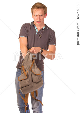 Young shocked student opening his backpack. Young shocked student opening his backpack. 63748990