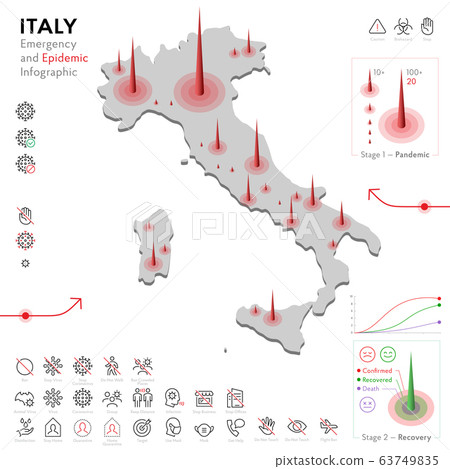 Map of Italy Epidemic and Quarantine Emergency Infographic Template. Editable Line icons for Pandemic Statistics. Vector illustration of Virus, Coronavirus, Epidemiology protection. Isolated Map of Italy Epidemic and Quarantine Emergency Infographic Template. Editable Line icons for Pandemic Statistics. Vector illustration of Virus, Coronavirus, Epidemiology protection. Isolated 63749835