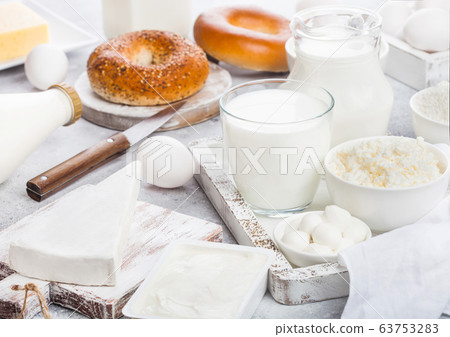 Fresh dairy products in vintage wooden box on Fresh dairy products in vintage wooden box on 63753283