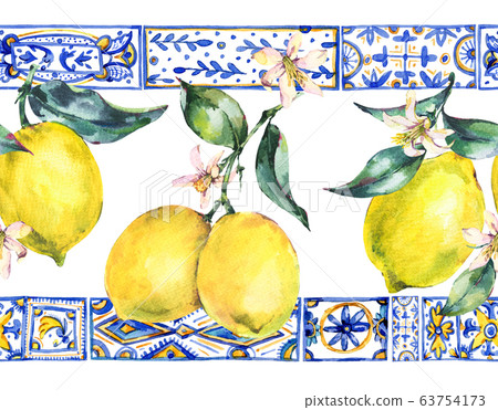 Watercolor lemon ornament seamless border, 63754173