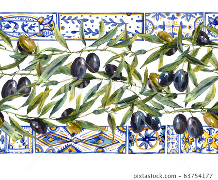Watercolor olive branches ornament seamless border Watercolor olive branches ornament seamless border 63754177