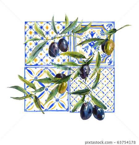 Watercolor olive branches ornament greeting card Watercolor olive branches ornament greeting card 63754178