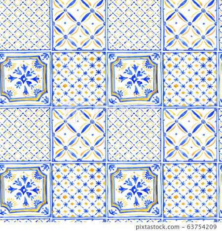 Watercolor blue ornament square seamless pattern Watercolor blue ornament square seamless pattern 63754209