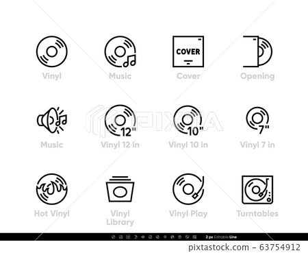 Vinyl Music icons. Different Plate Sizes, LP, Hot, Artist Library, Covers and Turntables set. Editable line vector pictograms Vinyl Music icons. Different Plate Sizes, LP, Hot, Artist Library, Covers and Turntables set. Editable line vector pictograms 63754912