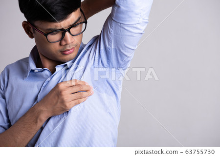 Close up asian man with hyperhidrosis sweating. 63755730