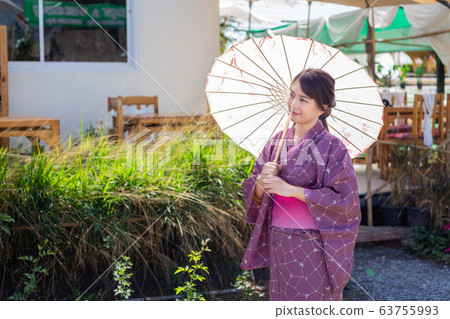 The girl is wearing a pink traditional yukata, which is the national dress of Japan and Hold an umbrella The girl is wearing a pink traditional yukata, which is the national dress of Japan and Hold an umbrella 63755993