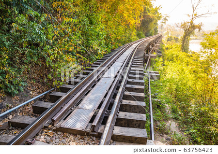 The Death Railway crossing kwai river in Kanchanaburi Thailand. Important landmark and destination to visiting and world war II history builted 63756423