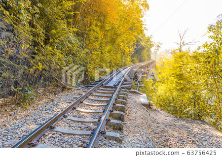 The Death Railway crossing kwai river in Kanchanaburi Thailand. Important landmark and destination to visiting and world war II history builted 63756425