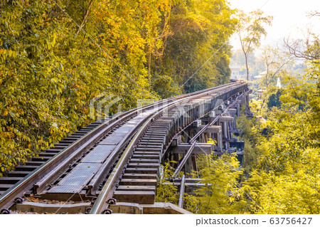 The Death Railway crossing kwai river in Kanchanaburi Thailand. Important landmark and destination to visiting and world war II history builted 63756427
