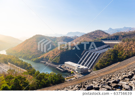 Landscape view around of Srinakarin Dam the power station with large mountains and many trees at Kanchanaburi, Thailand. To generate electricity in the western region of the country 63756639