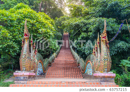 Stairs with Naga statues on the way up to Phra That Doi Suthep Temple Stairs with Naga statues on the way up to Phra That Doi Suthep Temple 63757215