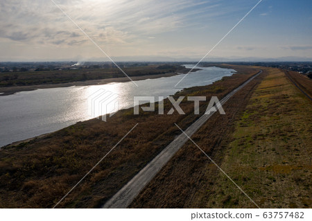 Near the Tone River at sunset, aerial photography, Meiwa-cho, Hanyu 63757482