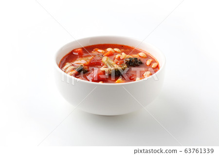 Minestrone tomato soup pasta white background 63761339