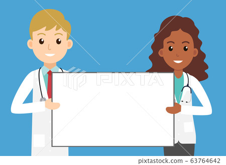 Doctors man and woman holding empty signboard Doctors man and woman holding empty signboard 63764642