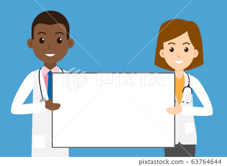 Doctors man and woman holding empty signboard Doctors man and woman holding empty signboard 63764644