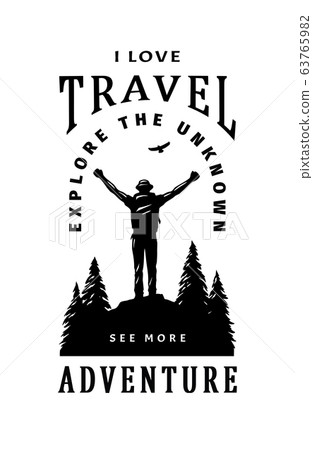 Silhouette of a traveler on a background of wildlife. Poster, t shirt design and quotes. Vector illustration. 63765982