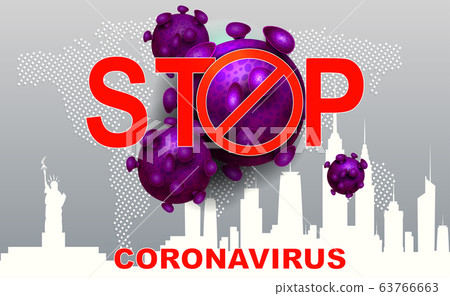 Light design with stop text prohibiting red sign, abstract silhouette of coronavirus elements. Sign of coronavirus COVID-2019. 63766663