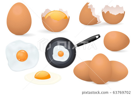 Chicken eggs. Raw and fried eggs, whole and broken shell 63769702