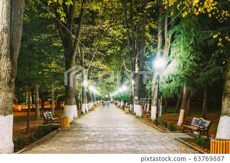 Borjomi, Georgia. City Park Merab Kostava's Garden In Night Illuminations Lights 63769887